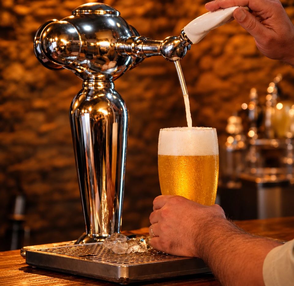 Chopp tirado de una canilla cromada, con espuma blanca.